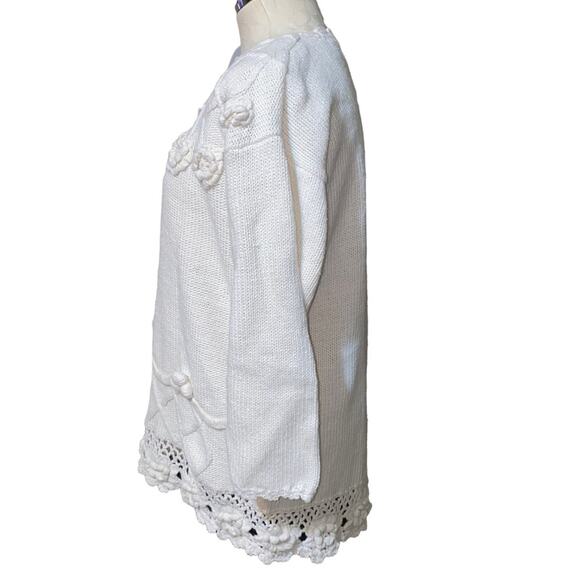 Vintage Chunky Knit embroidered Cream Beige Sweater crochet lace roses large - Picture 4 of 7